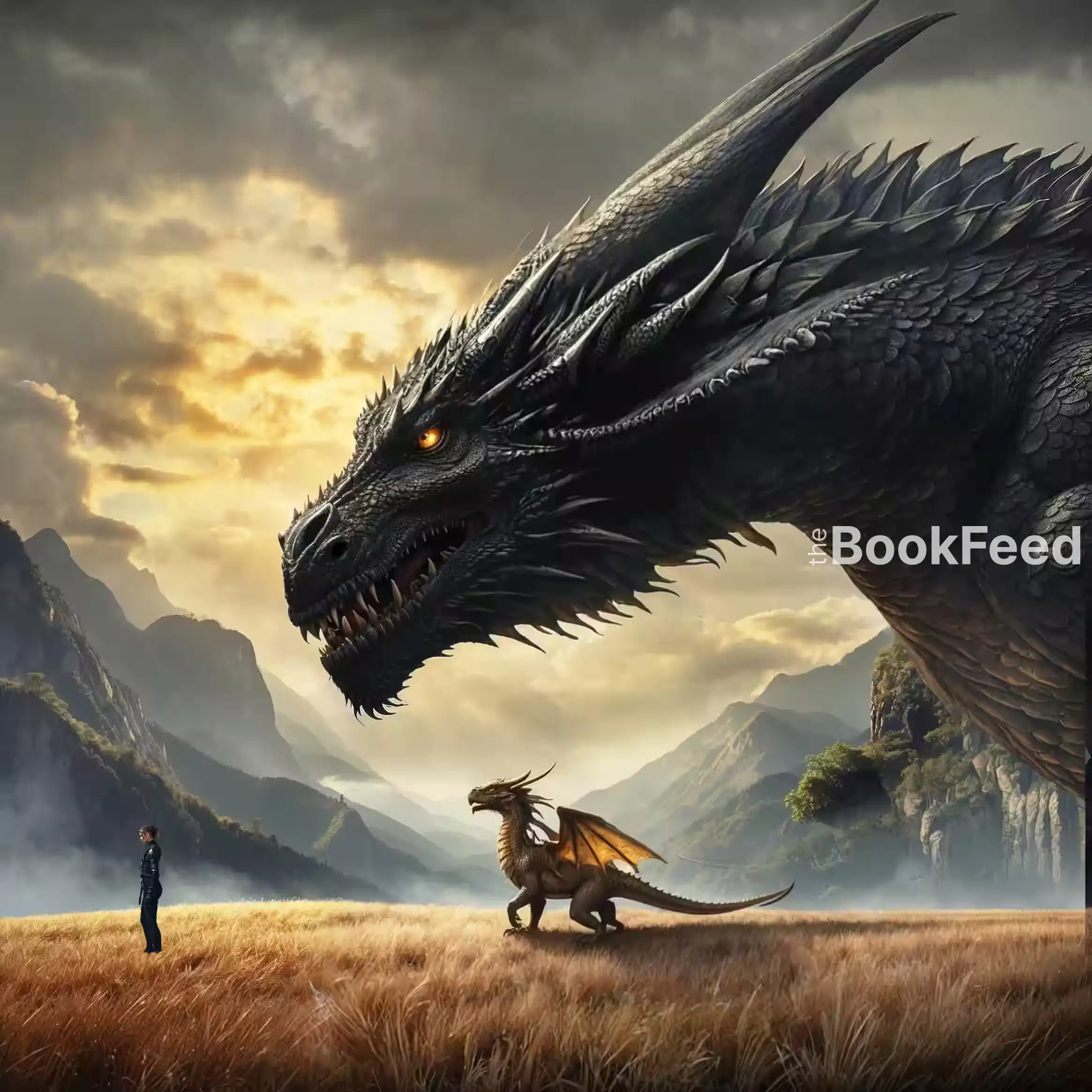 Black dragon facing a cadet on a windswept field