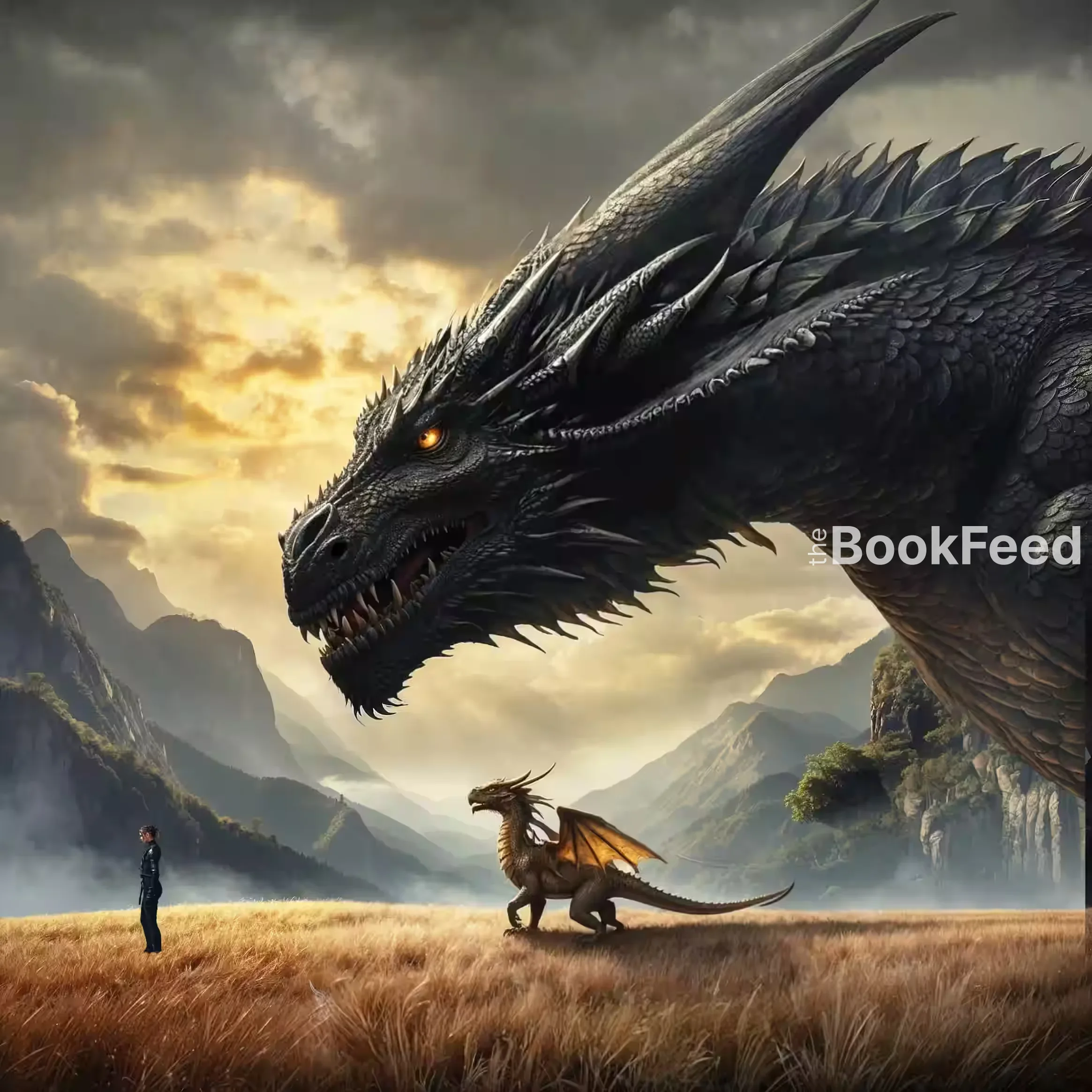 Black dragon facing a cadet on a windswept field