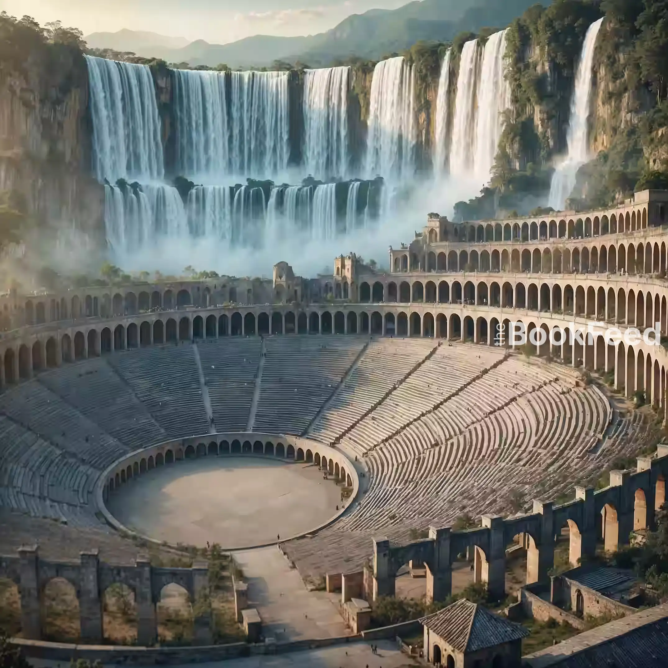 Grand arena by a waterfall