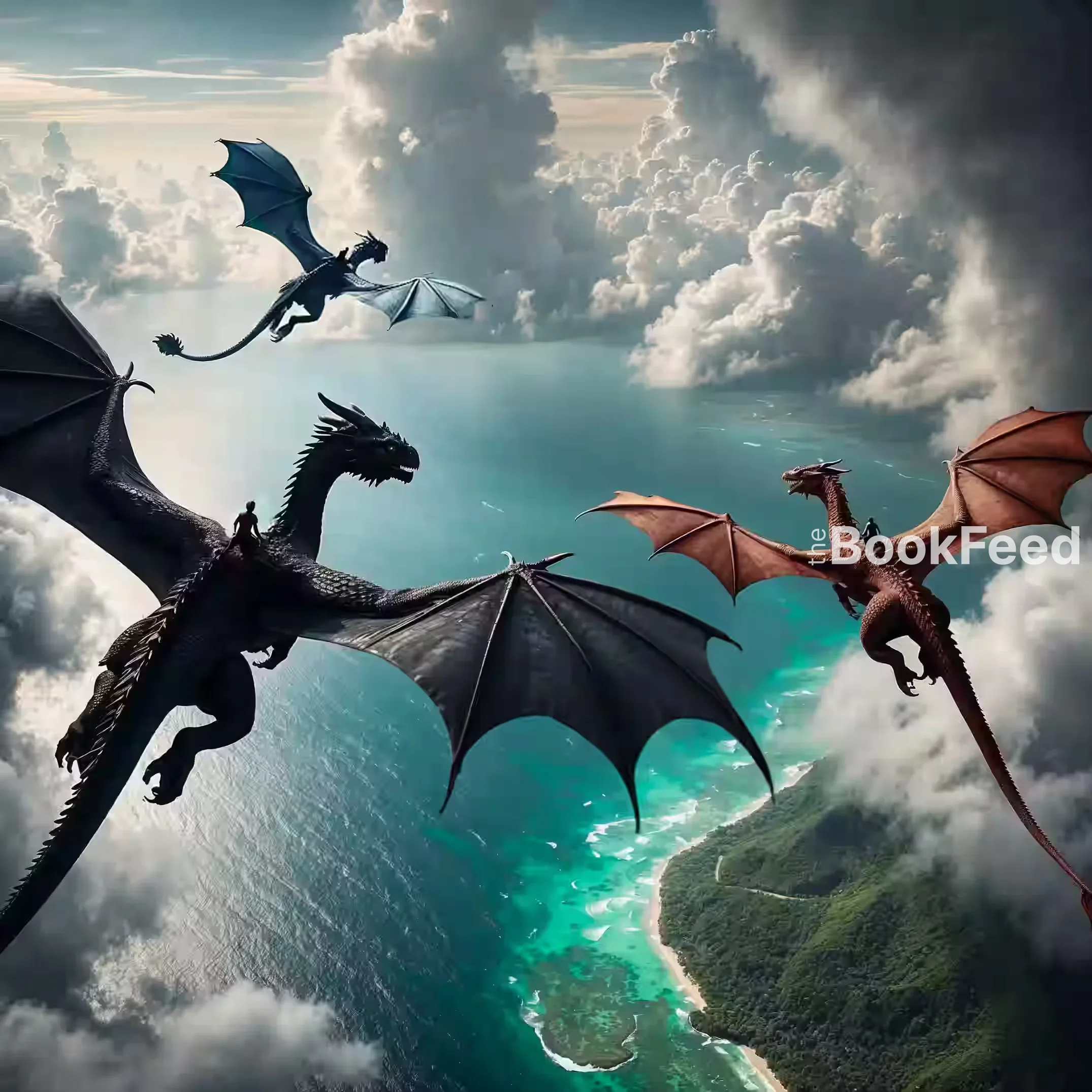 Aerial view of dragons flying over the Isles