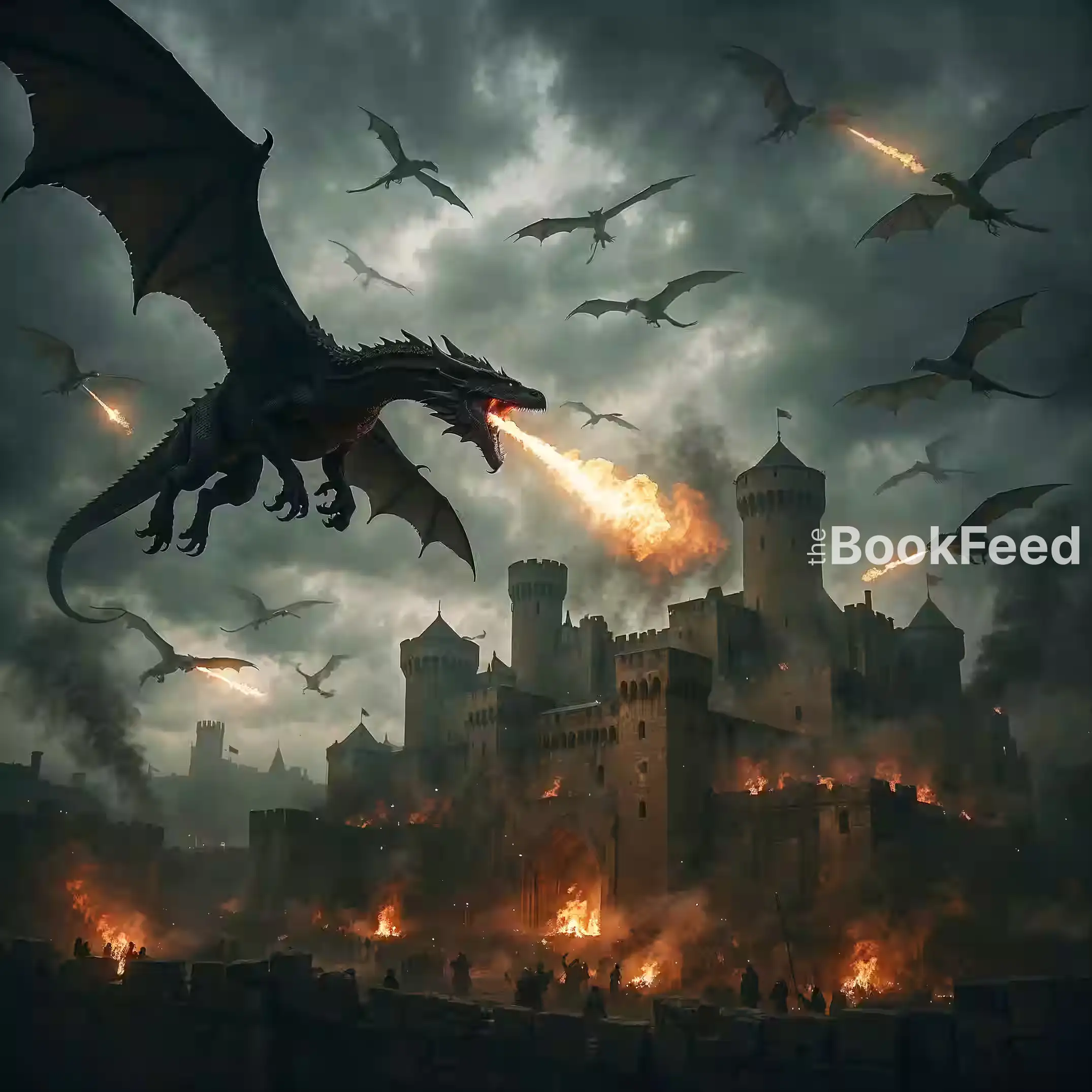 Burning city under dragon shadow