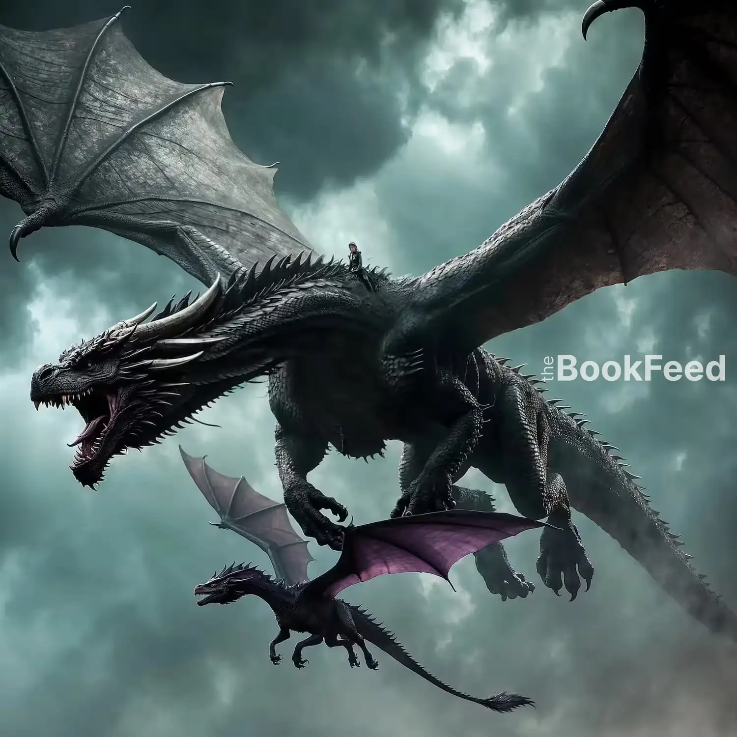 Violet Sorrengail flying with Tairn and Andarna