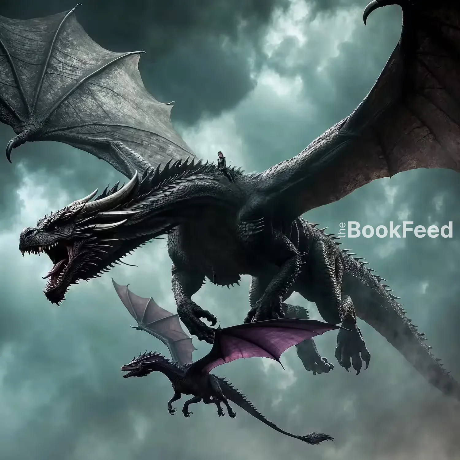 Violet Sorrengail flying with Tairn and Andarna