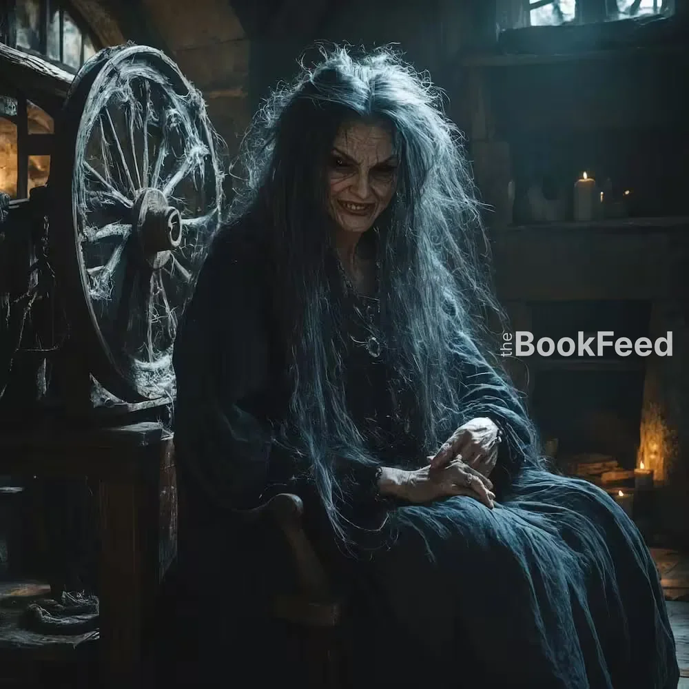 The Weaver inside the cottage at the spinning wheel