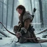 Huntress drawing a bow in a snowy forest