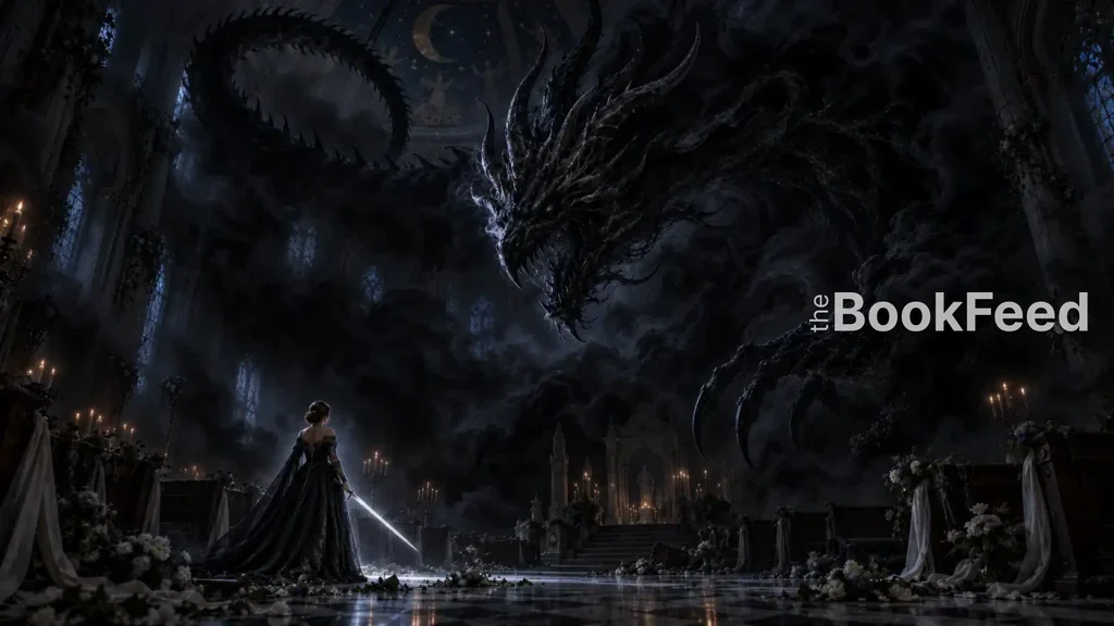 Fantasy illustration of Nesta facing the shadowy, dragonlike Bryaxis inside the darkened temple