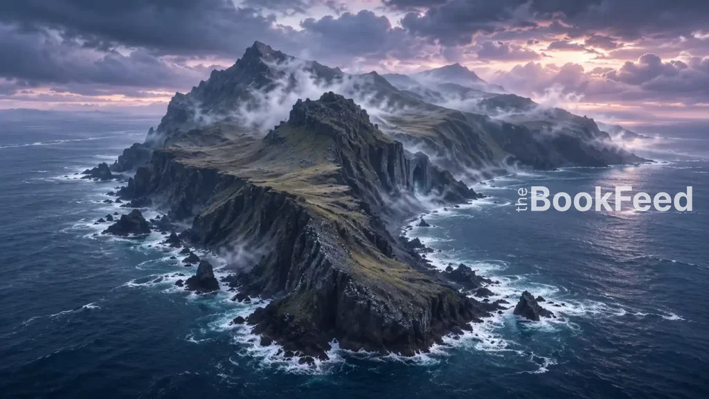 Fantasy illustration of the mountainous Prison island surrounded by sea and mist