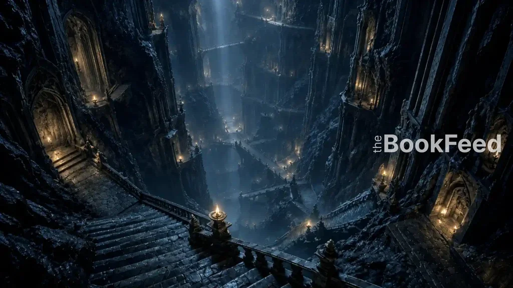 Fantasy illustration of the Prison interior, with stone stairs descending into a vast dark chasm