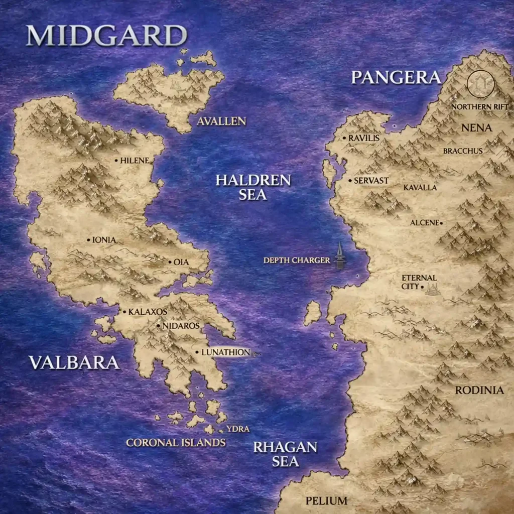 Crescent City map of Midgard showing the continents Valbara and Pangera
