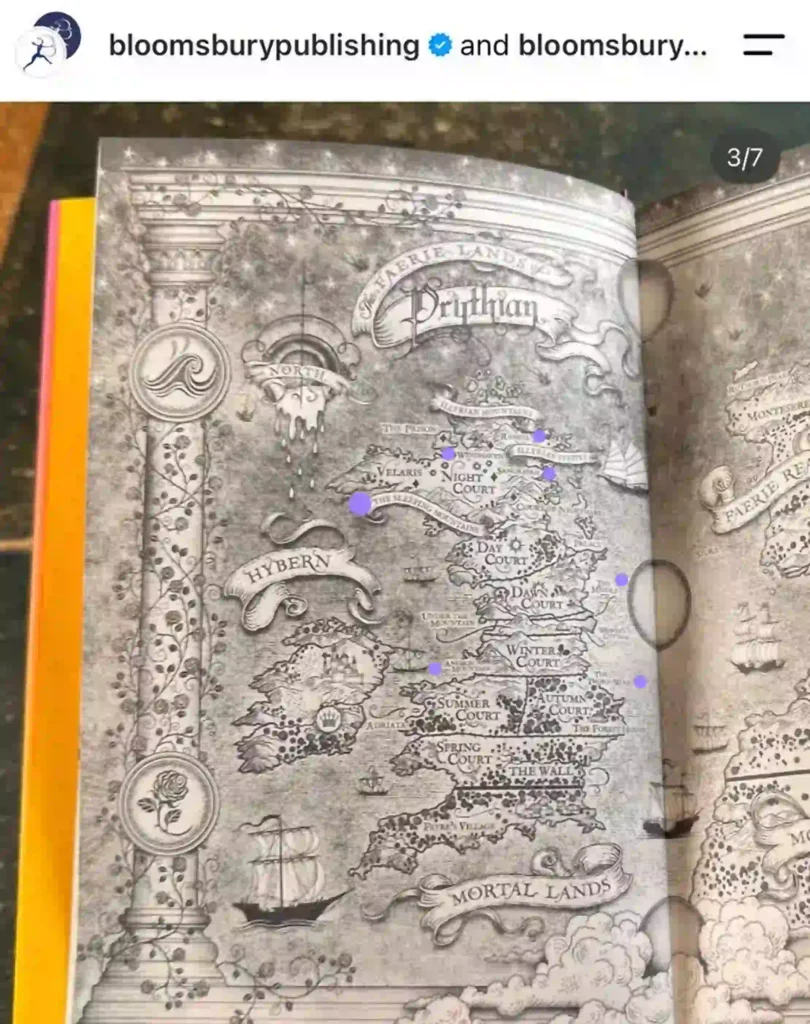 Updated ACOTAR map of Prythian with additional locations marked in purple